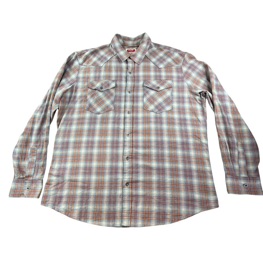 Wrangler Men's XL Blue Red Long Sleeve Plaid Button-Up Rancher Shirt 112315588